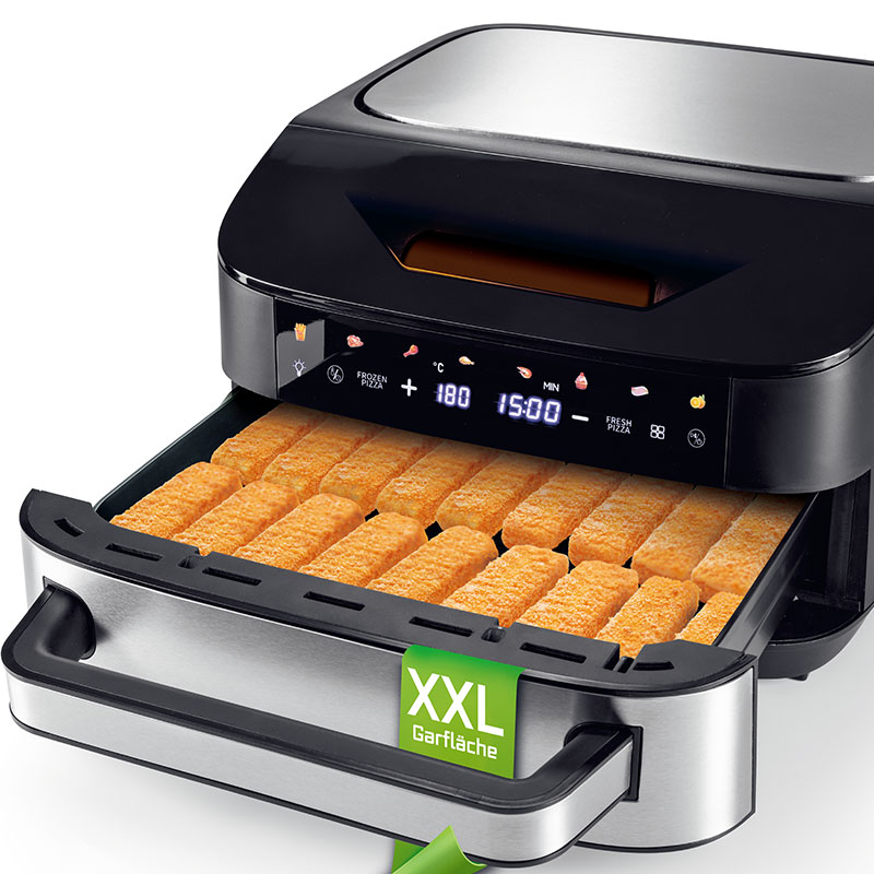 How does the Air Fryer work to reduce the amount of oil required for cooking while still achieving a crispy texture on food?