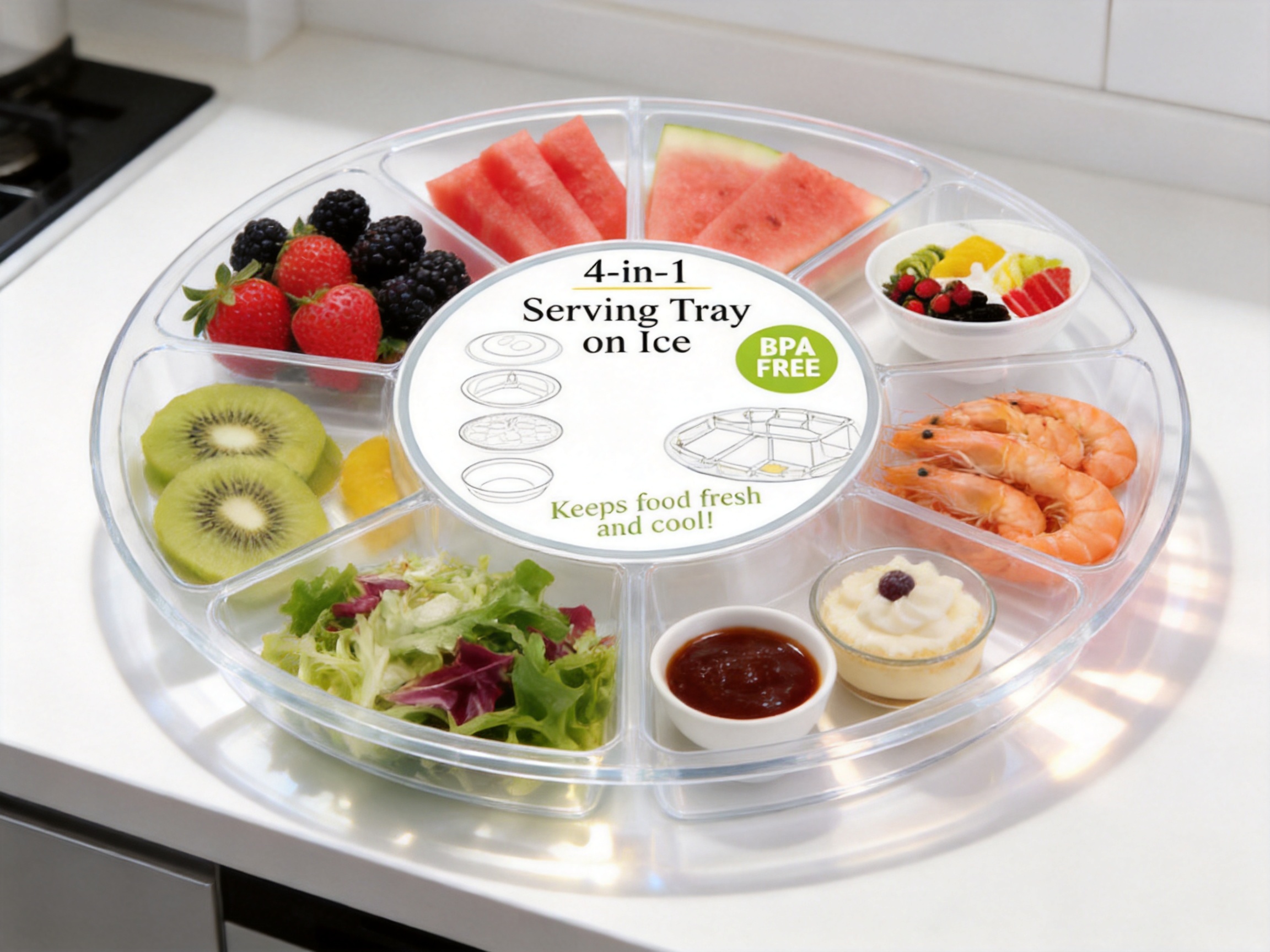 4 in 1 Serving Tray on Ice for Fresh, Organized, and Elegant Food Presentation
