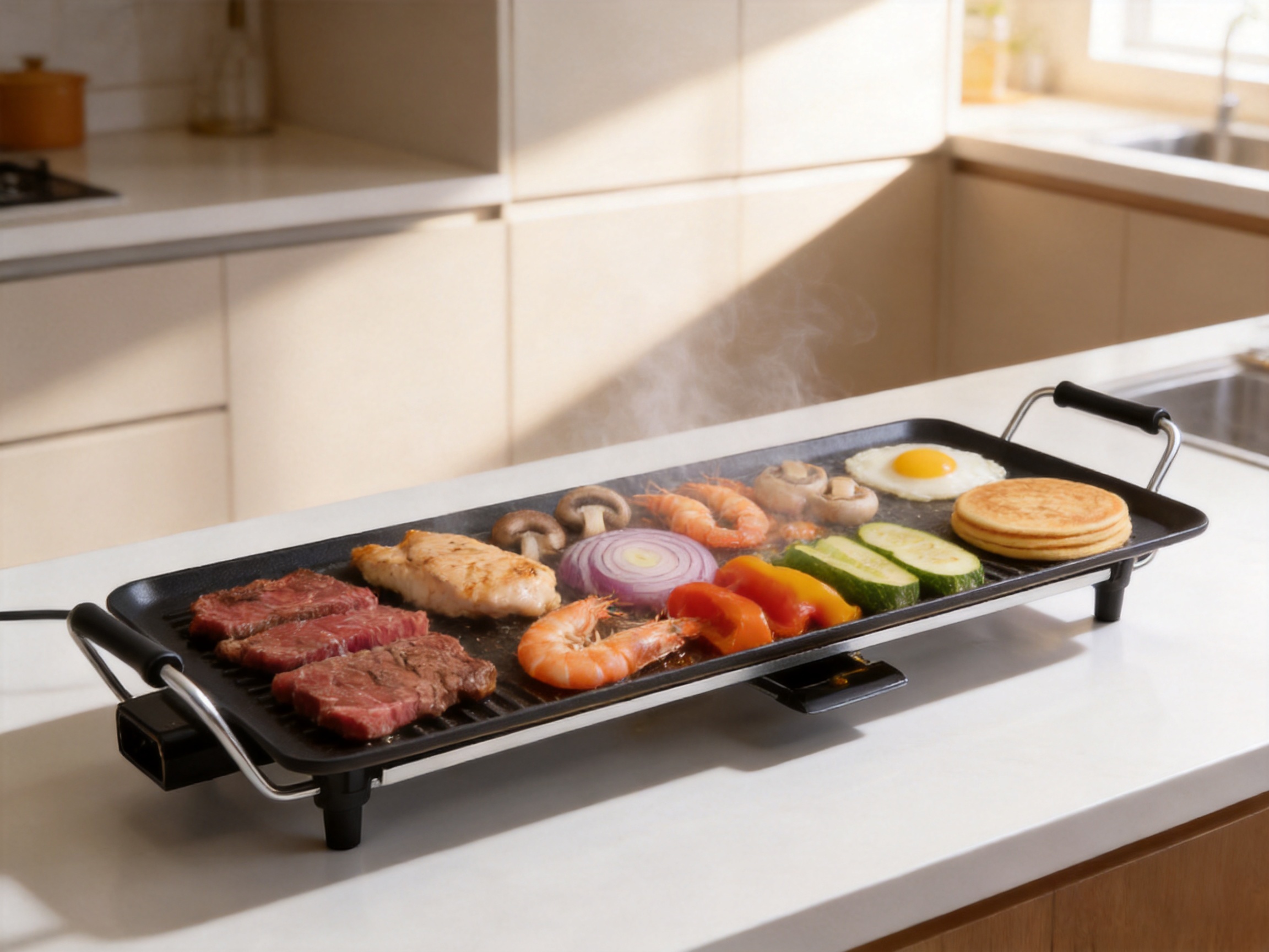 A Long Flat-Plate Smokeless Grill for Efficient Indoor and Commercial-Style Cooking